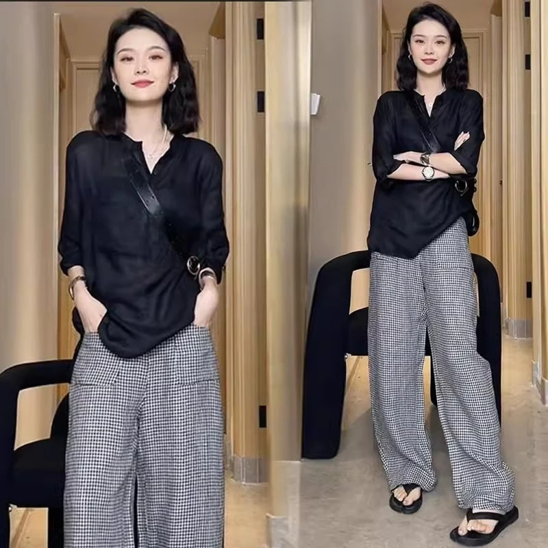 时尚休闲套装女2025夏季新款减龄薄款防晒衬衫格子阔腿裤两件套潮