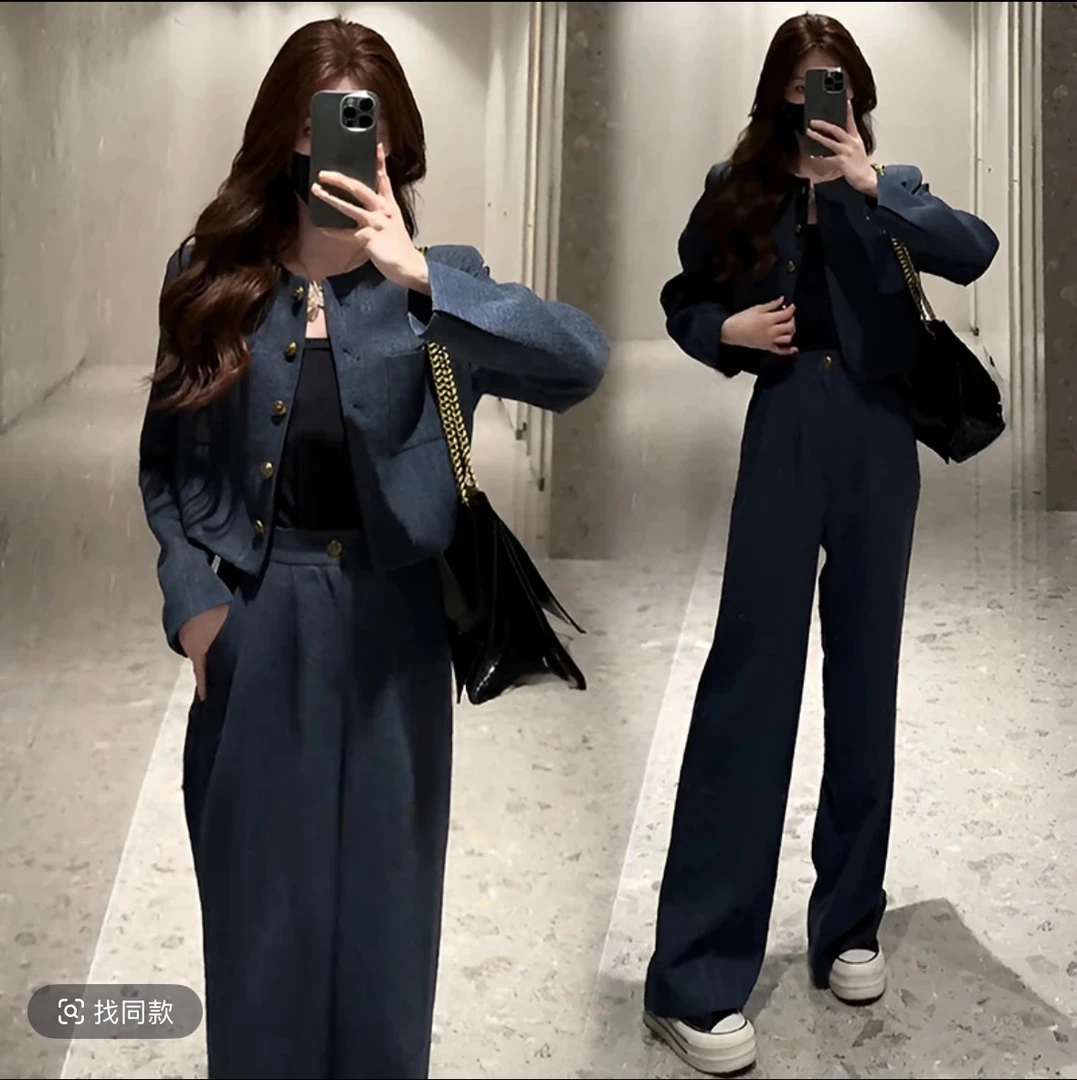 高级气质休闲圆领高腰韩版阔腿裤牛仔风格小香套装女