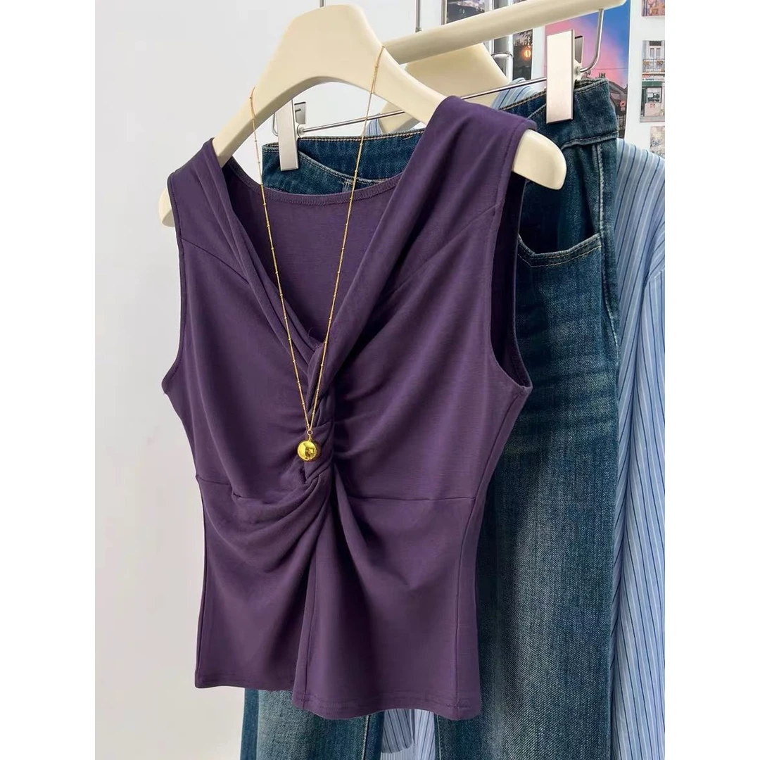 美貌色系！太好看了！葡萄紫背心女扭结V领慵懒风修身吊带短款上衣