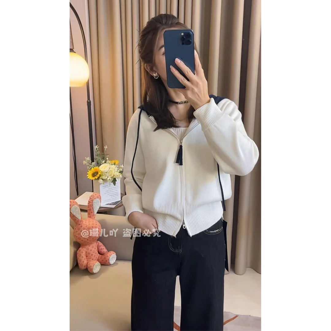 连帽撞色毛衣开衫加厚通勤上衣2025冬季毛衣简约针织衫休闲外套女