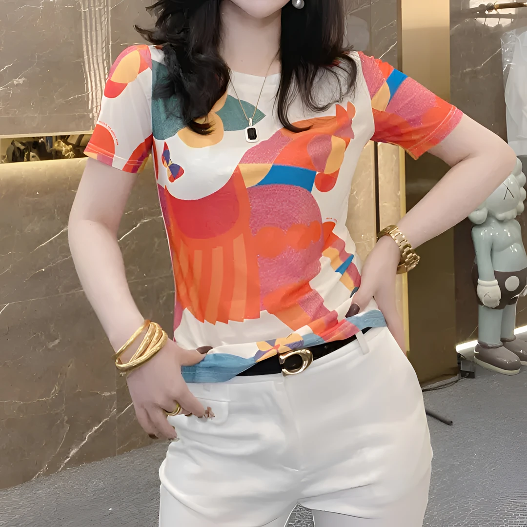 木马橙色 艺术感抽象定位印花设计网纱气质减龄百搭显瘦T恤女1658