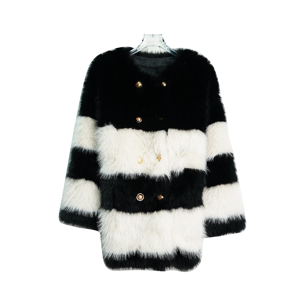 X24607【上新】时尚高级感撞色条纹双排扣毛毛保暖外套