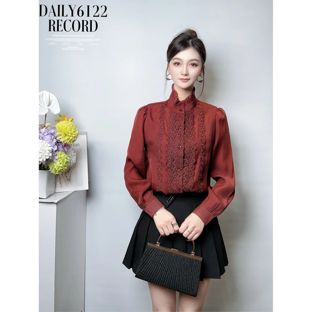KIKI严选：6122-1-Mm家欧货南油春秋新款胸前花边开衫上衣衬衫