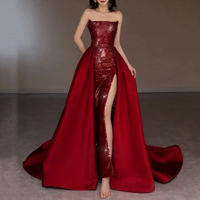 敬酒服新娘一字肩抹胸酒红色亮片礼服主持人晚会拖尾高开叉长裙