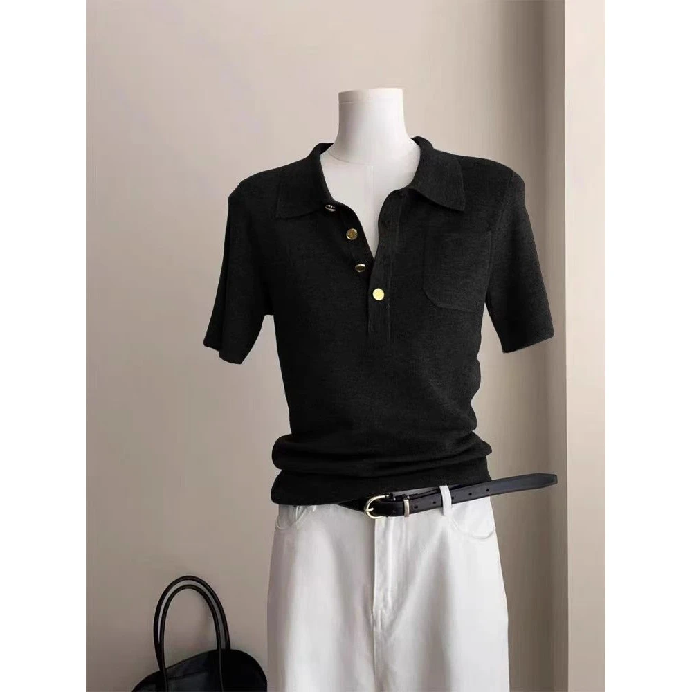 复古深灰色针织短袖小金扣polo衫女夏季翻领正肩修身气质通勤上衣