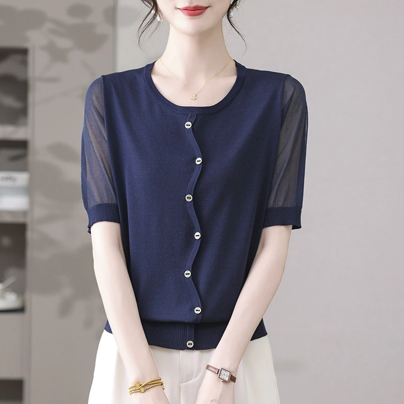 中年妈妈夏装短袖t恤女中老年女桑蚕丝上衣今年流行冰丝针织衫薄