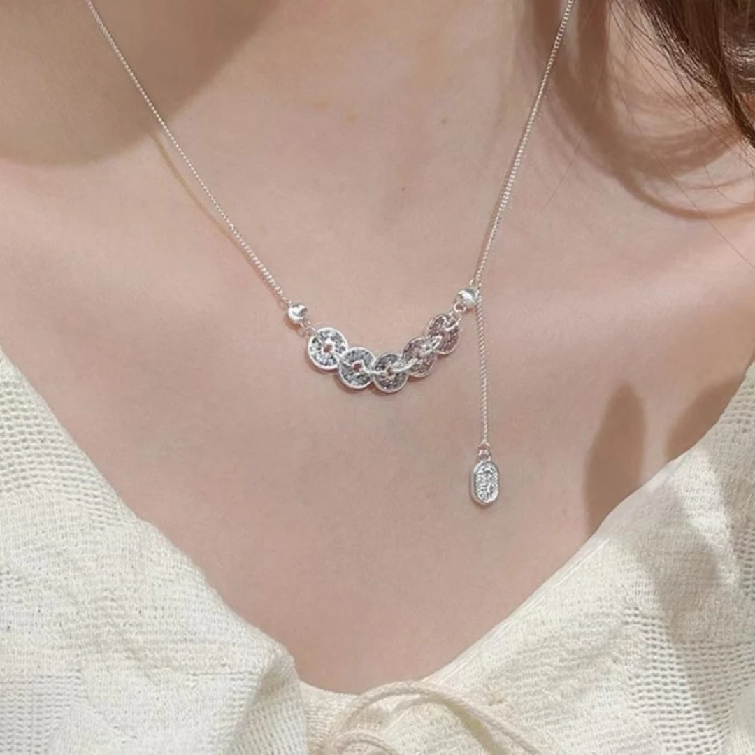 坠链均足银 足银999项链新中式碎冰冰五帝钱七夕情人节礼物送女友