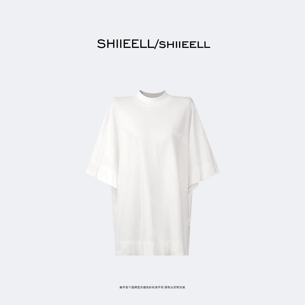SHIIEELL极简棉感半高领廓形下摆开叉短袖T恤Z2509