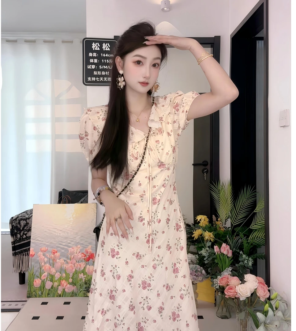 碎花夏季大码连衣裙油画晕染气质时尚印花辣妈初恋法式显瘦长裙