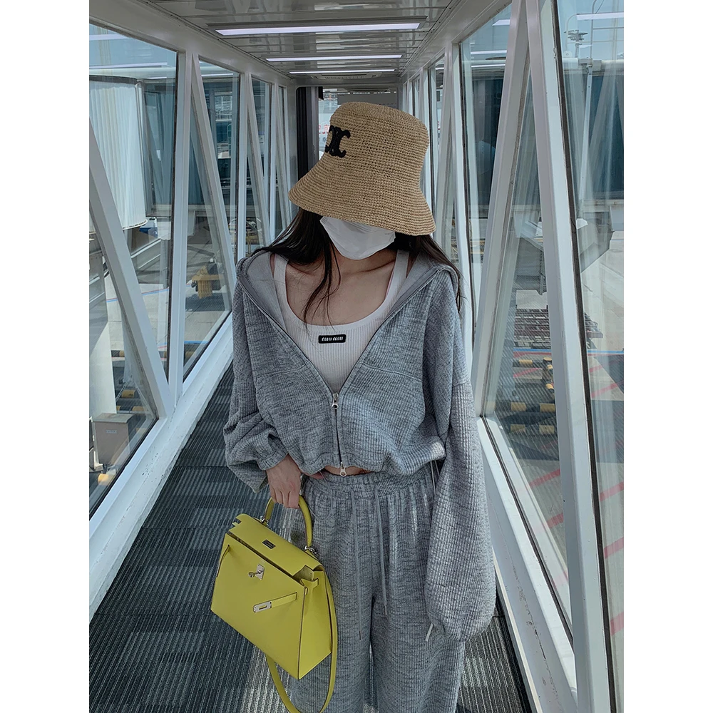 张贝贝ibell设计感时尚套装女 高支高密 连帽开衫外套+高腰直筒裤