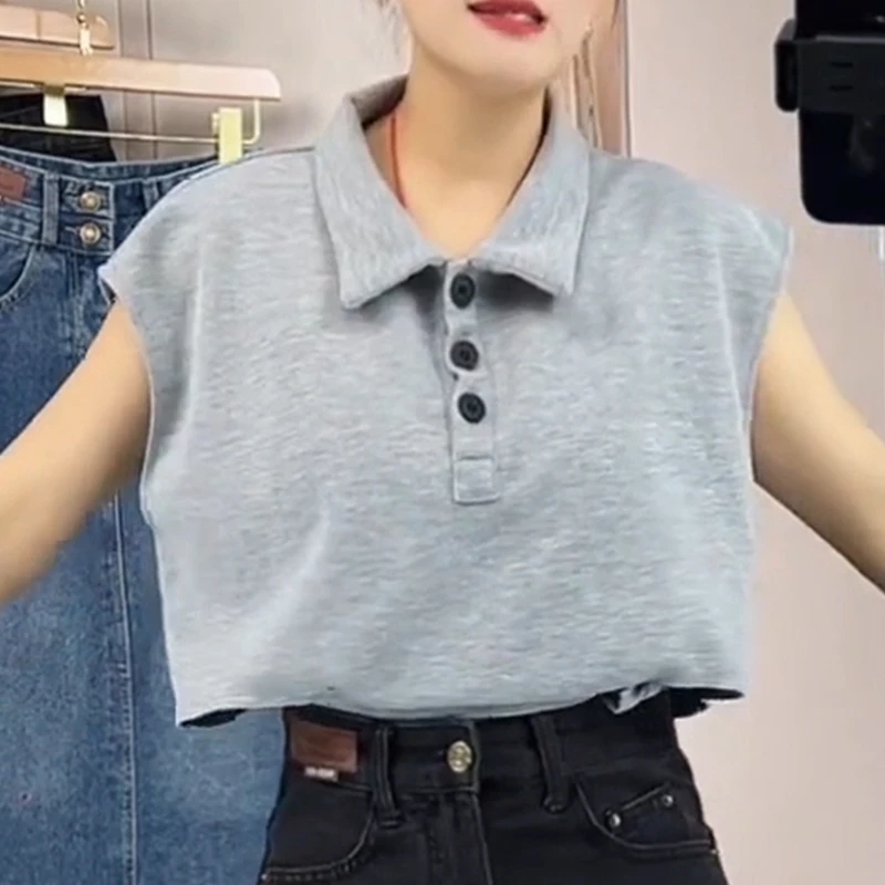 夏季百搭宽松短袖t恤POLO衫小众上衣短款无袖韩版显瘦休闲设计感