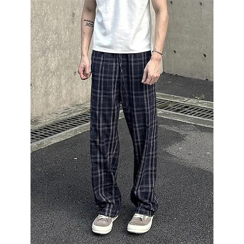 日系复古痞帅百搭格子裤夏季直筒垂感休闲长裤男士vibe高街拖地裤