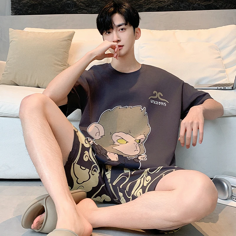 睡衣男士夏季短袖青少年男士2025新款纯棉薄款卡通学生家居服套装