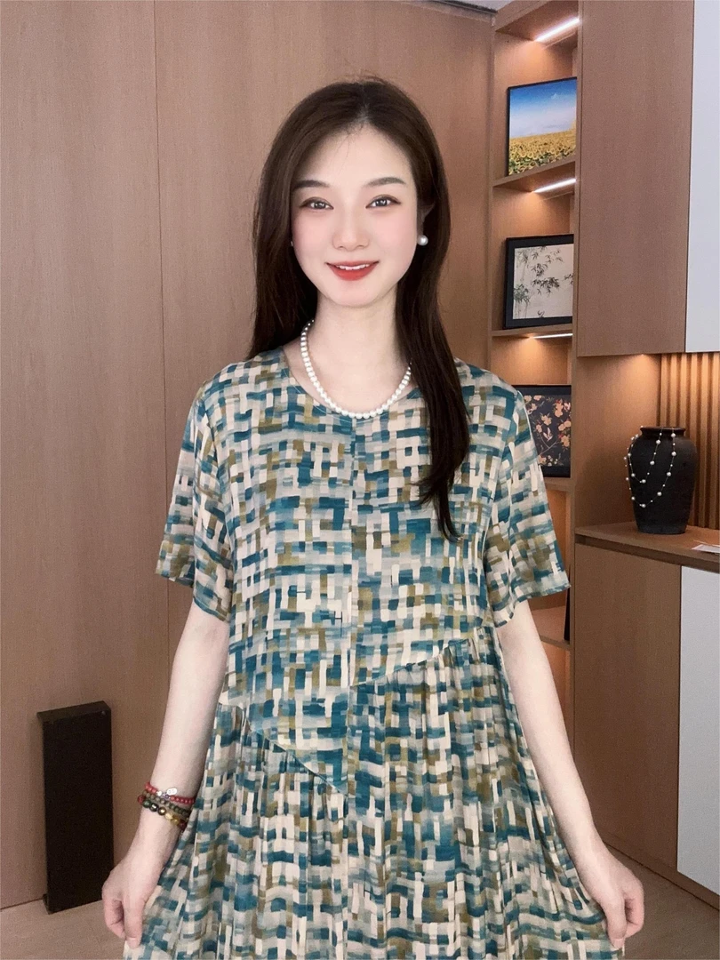 【青兰】2025夏季新款木棉绵绸连衣裙圆领宽松沙滩休闲中长款裙子