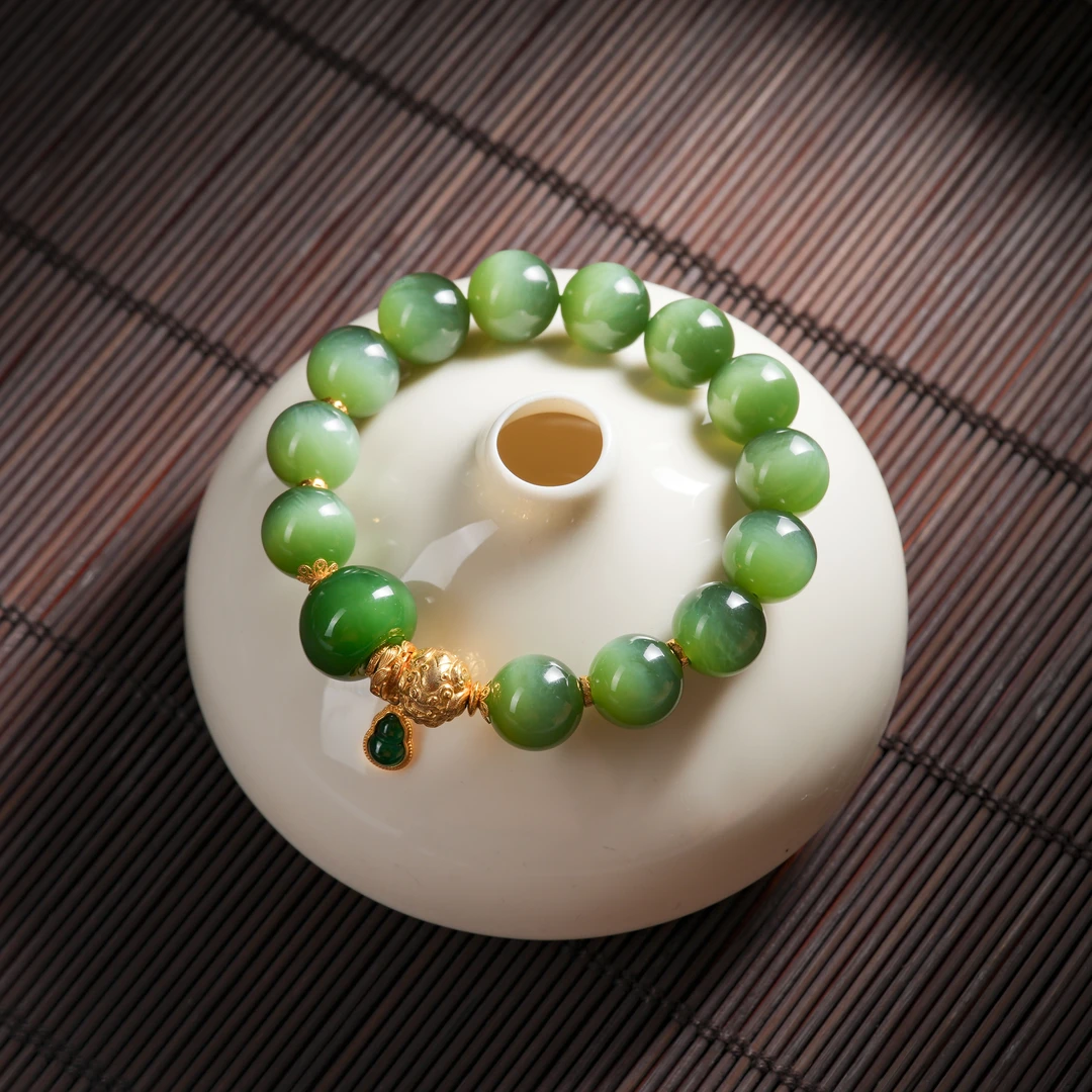 『博姐』·婉悠丨和田玉冰绿猫眼18K金传世级手串约12mm*S6446