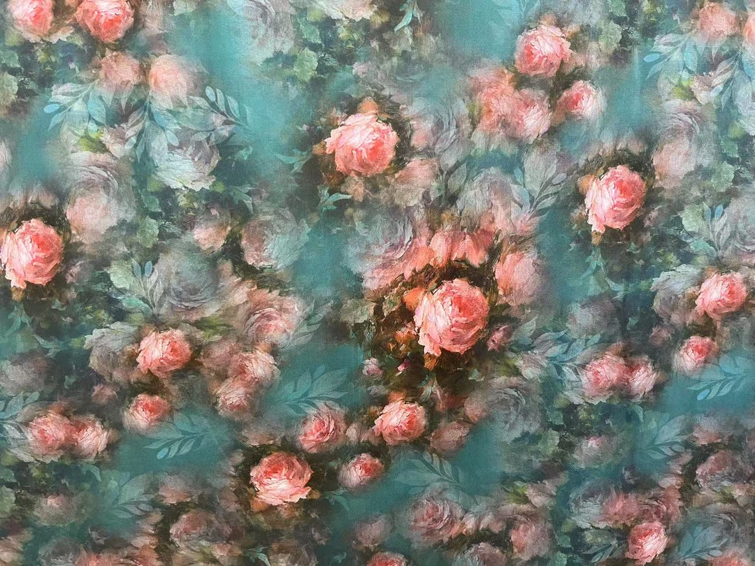 绵绸布料 复古绿色油画玫瑰