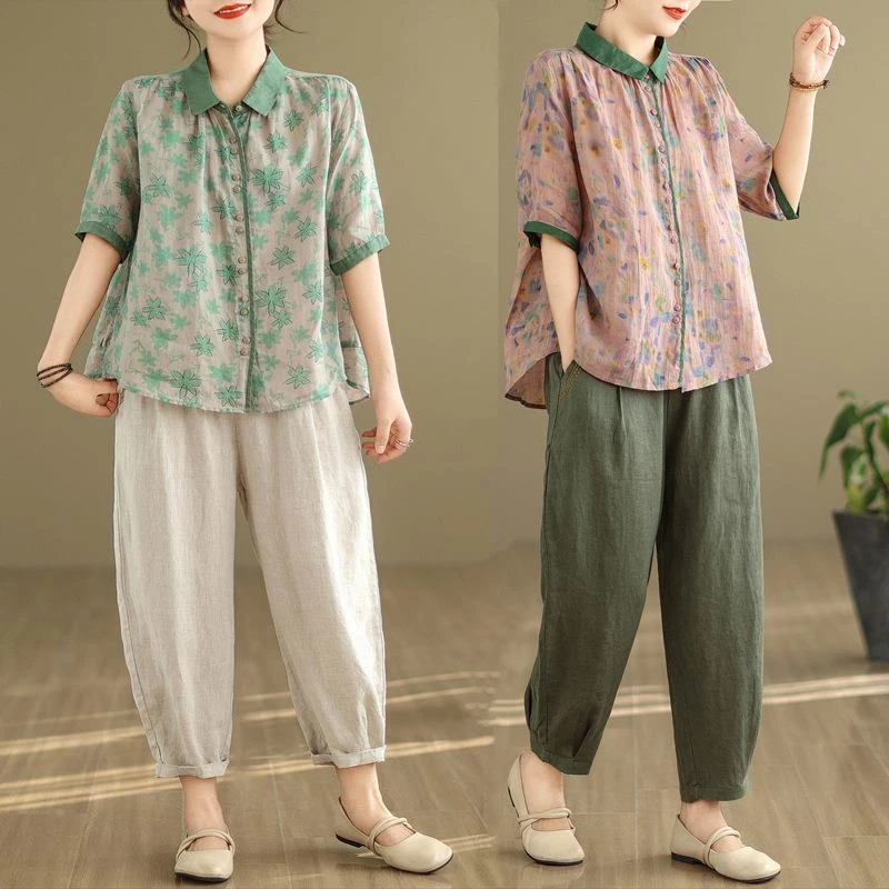 新款2025新款韩版大码显瘦印花文艺复古两件套时髦棉麻夏季套装女
