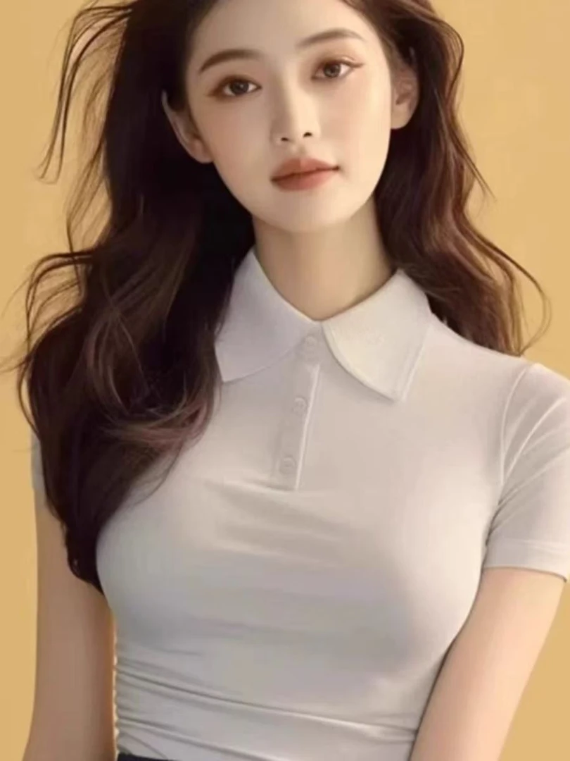 白色polo领短袖t恤女夏季2025新款设计感小众时尚修身百搭上衣潮