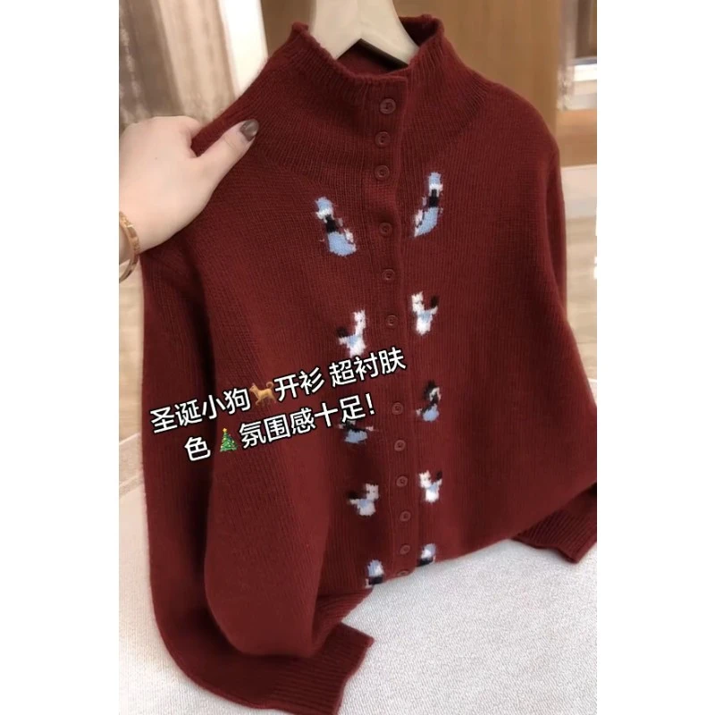 2025年秋冬季新款圣诞小狗红色针织开衫女半高领毛衣减龄长袖上衣