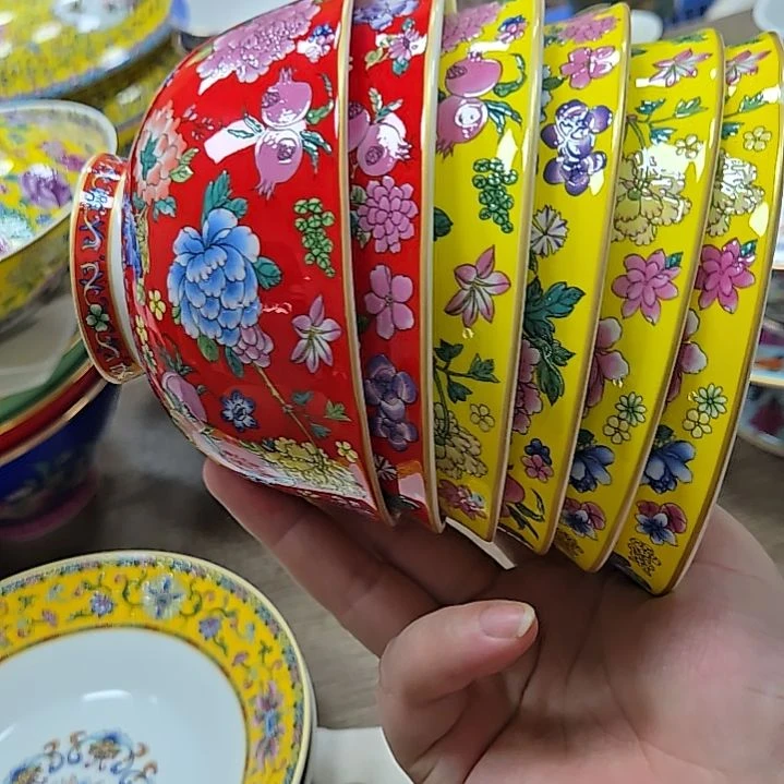 瓷片微瑕4.5寸6个珐琅彩万花米饭碗666