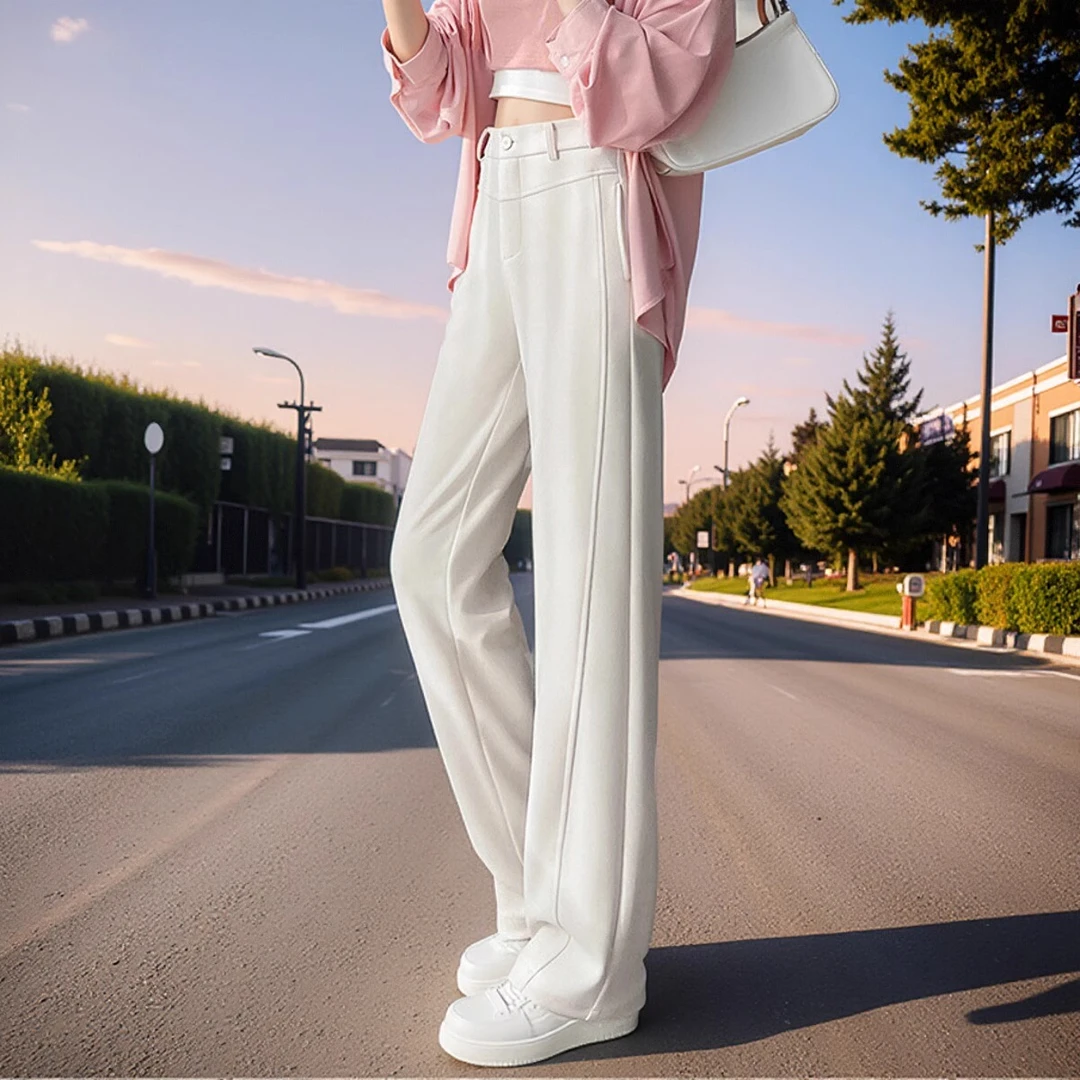 白色直筒西装裤女春秋2025新款高级感垂感加长香蕉阔腿弯刀裤子