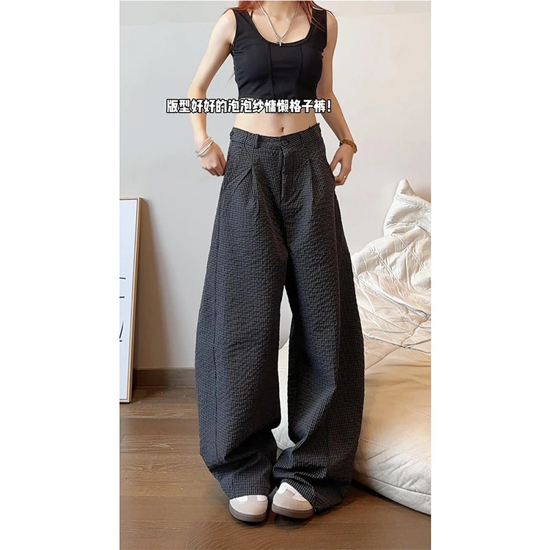 潮牌老钱风泡泡纱格纹休闲裤男士2025秋季垂感弯刀百搭宽松阔腿裤
