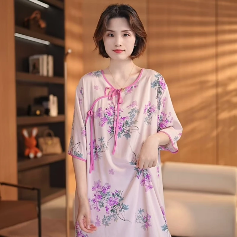 精梳绵绸【新中式～花簇粉睡裙】可外穿舒适凉快透气