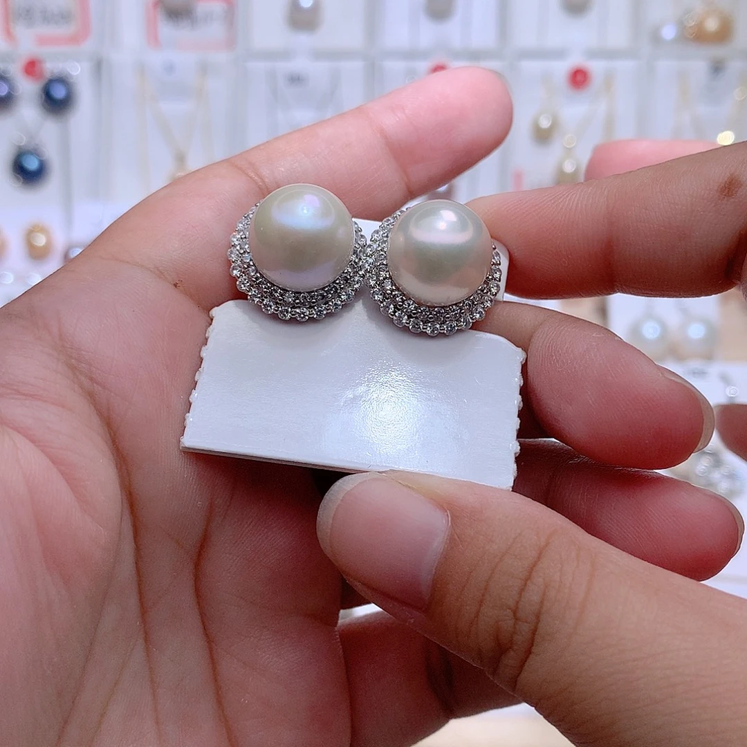 淡水珍珠银S925镶嵌耳饰CC有瑕疵13mm