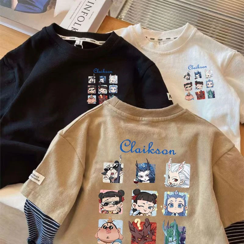 男童T恤长袖新款哪吒男女童卡通春秋儿童假两件打底纯棉宝宝上衣t