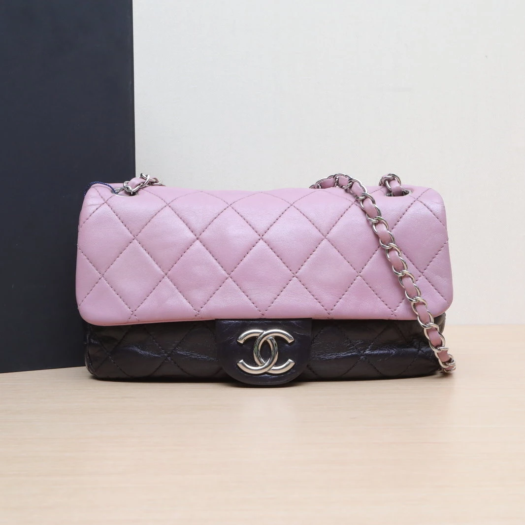 95新 Chanel/香奈儿 【娇】 拼色 12开 银扣 CF口盖 链条包