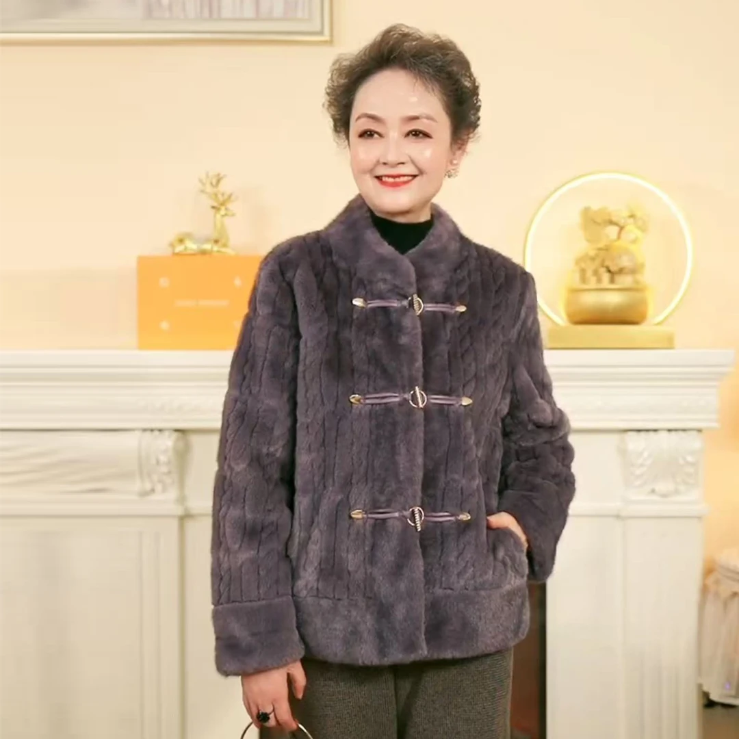 中老年时尚冬季女装仿貂绒上衣妈妈装气质新中式半高领毛呢外套