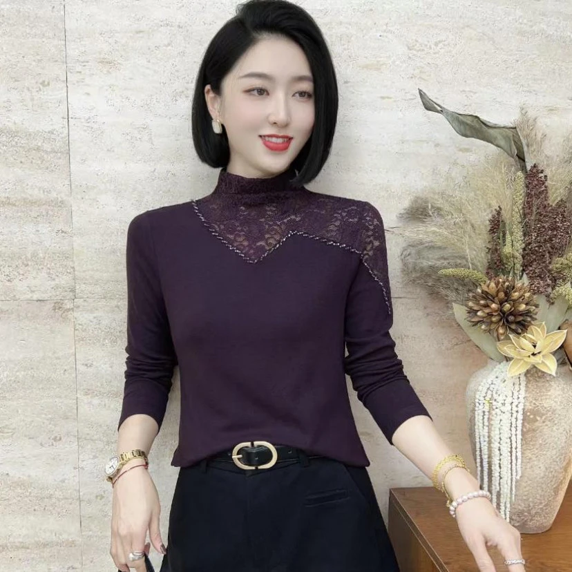 2025秋冬爆款时尚百搭钉珠漏洞设计感半高领打底衫洋气显瘦上衣