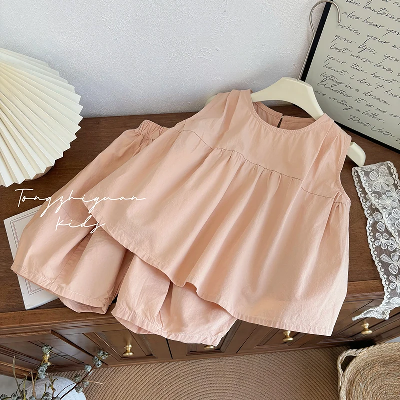 女童夏季新款时尚洋气无袖藕粉色套装女宝宝休闲款时尚品质童装潮