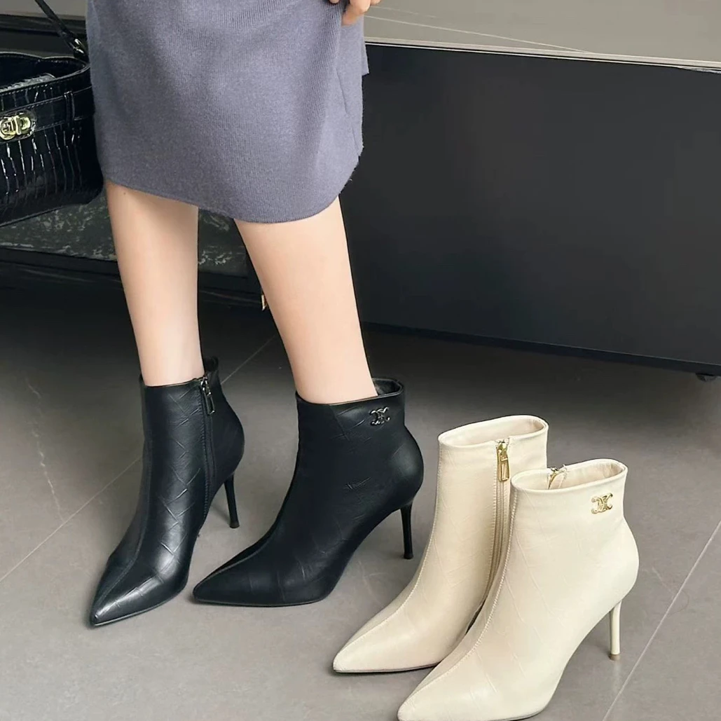 女士细跟短靴法式软皮高跟白色短靴2025新百搭尖头气质显瘦时装靴