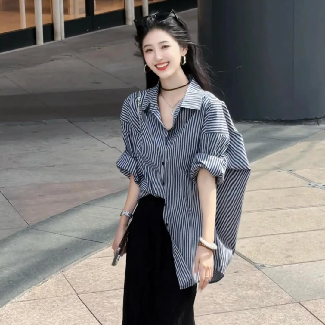 复古廓形气质条纹长袖衬衫外套女2025夏季新款设计感宽松显瘦上衣