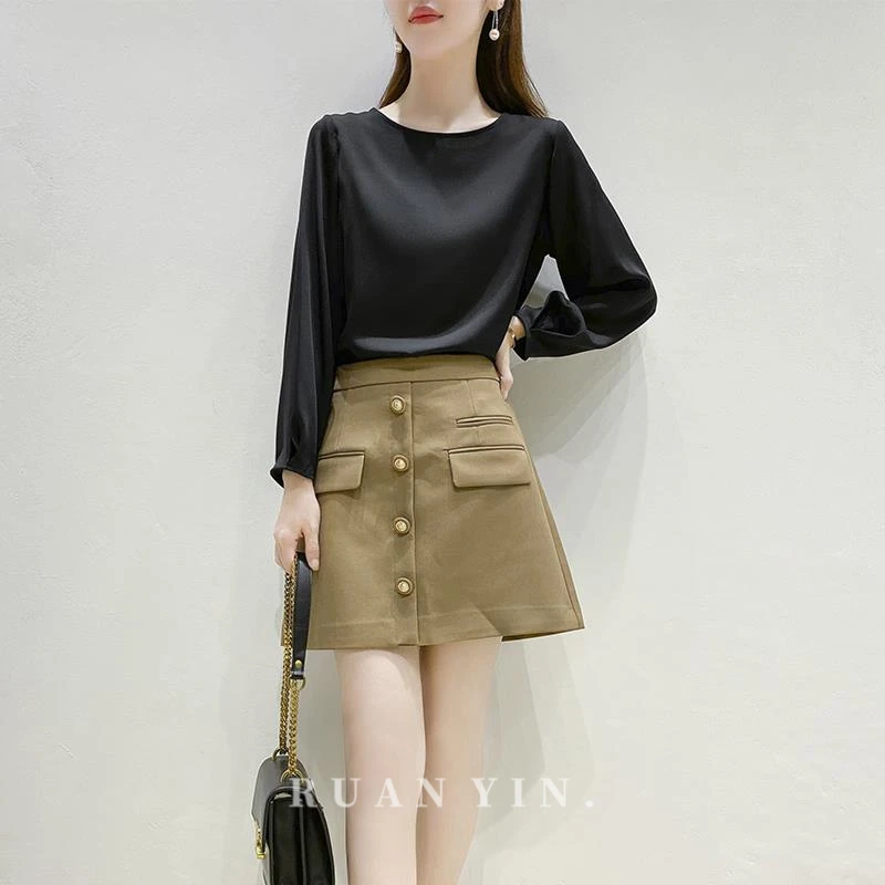 阮音缎面桑蚕丝气质黑色短袖重磅真丝衬衫女2025春季新款上衣T恤