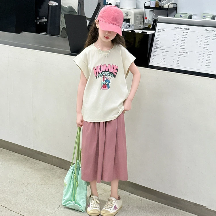 女童套装夏装2025新款儿童短袖T恤中大童阔腿裤休闲裤子两件套潮