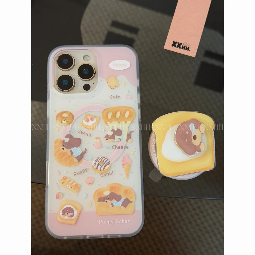 双层磁吸磨砂可爱系萌宠造型吐司小狗转转乐支架适用苹果16手机壳
