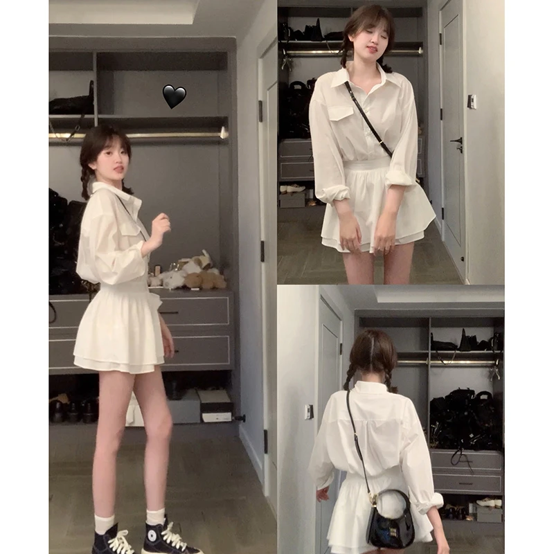 2025新款宽松短款白色长袖衬衣连衣裙收腰显瘦D0293