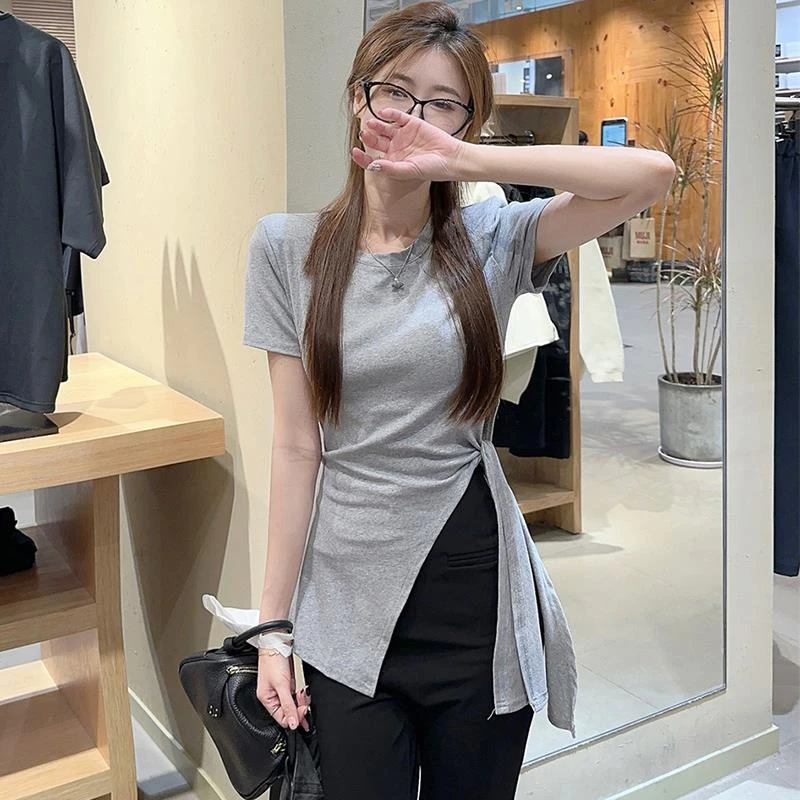 不规则正肩短袖t恤女夏季韩系遮肉显瘦设计感绑带百搭开叉上衣潮
