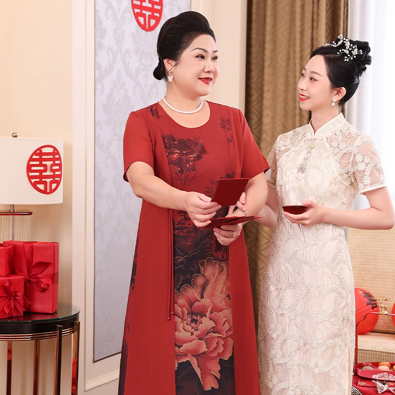 中老年妈妈雪纺裙洋气婚宴装气质裙子薄款2025新款连衣裙WL25232