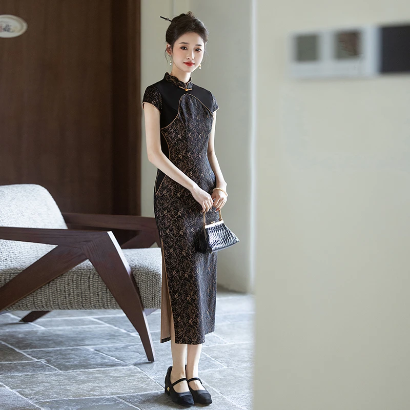 新中式拼接复古高端旗袍2025春夏新款女改良黑色气质修身显瘦日常
