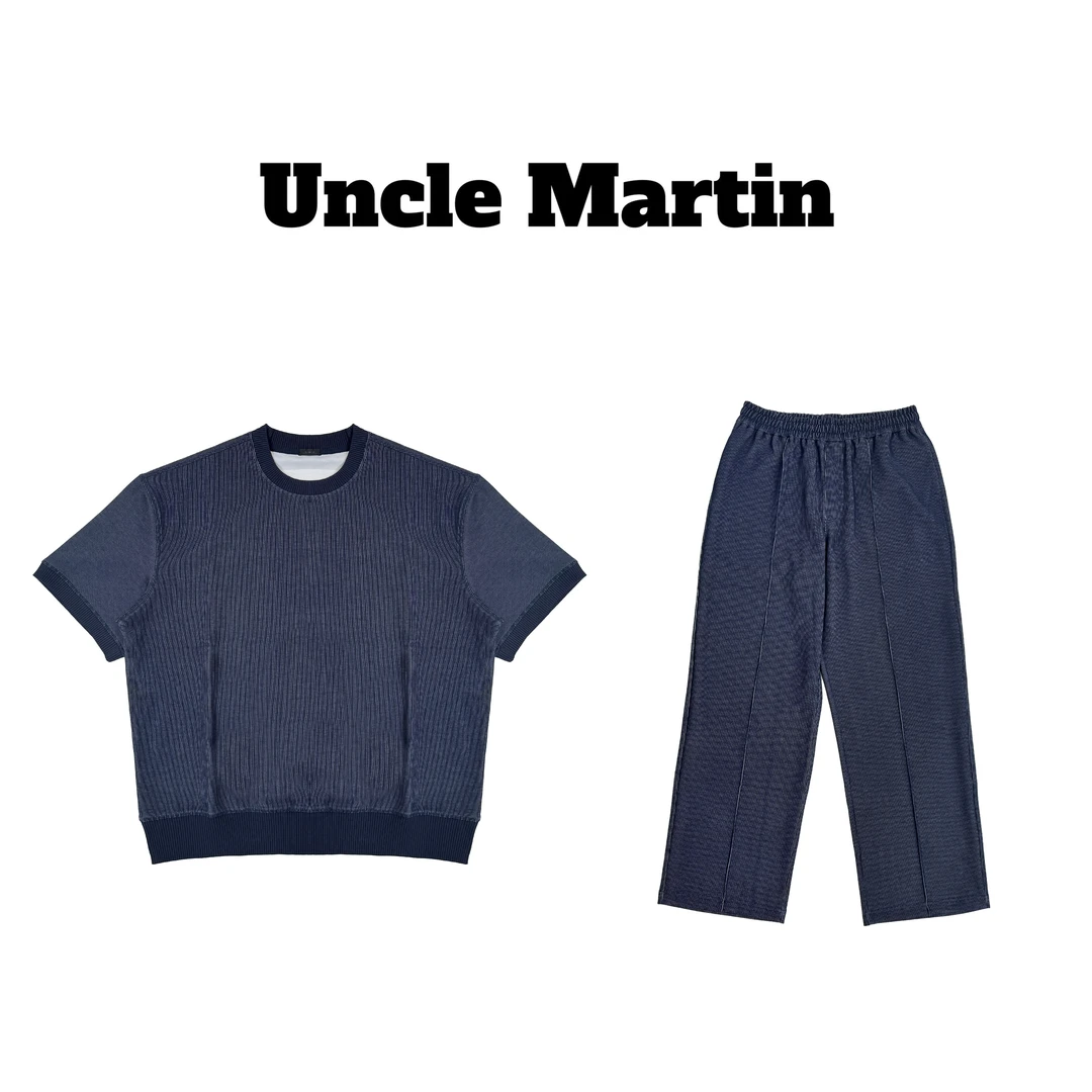 马丁叔叔  25S夏季长裤薄款运动套装刺绣圆领T恤设计师217