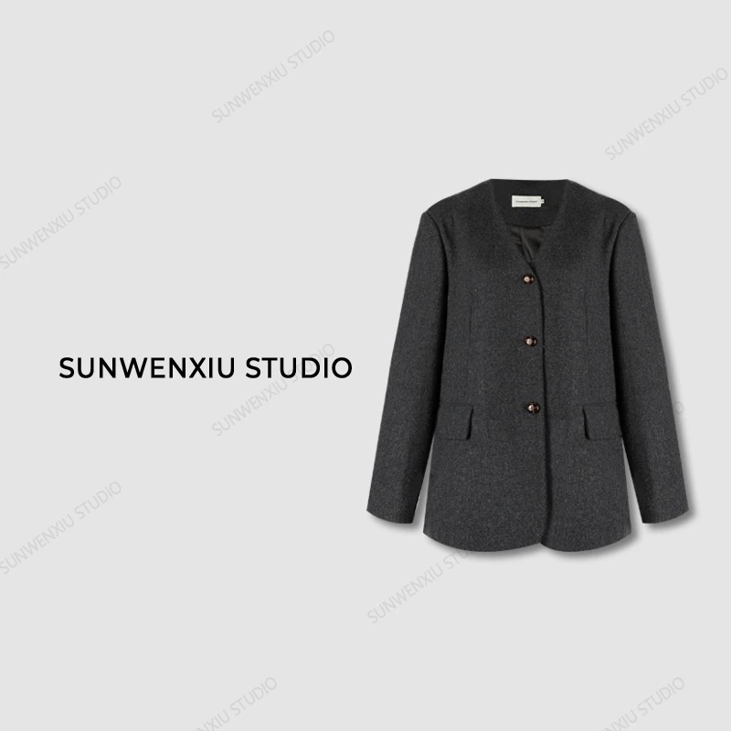 swx studio3店 “薄暮灰调”秋冬复古学院风羊毛毛呢西服外套