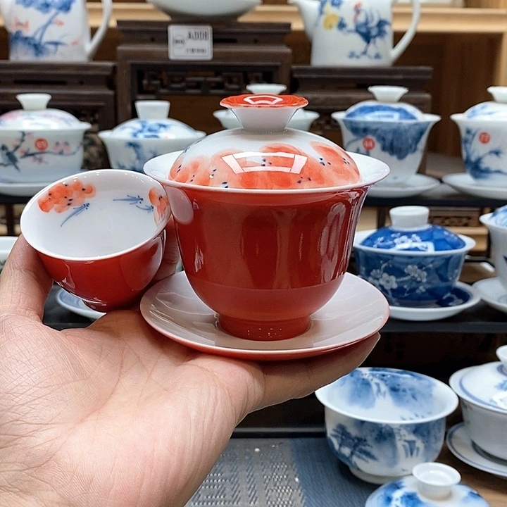 手绘龙船花160cc盖碗➕同款杯子釉下彩微瑕福利款