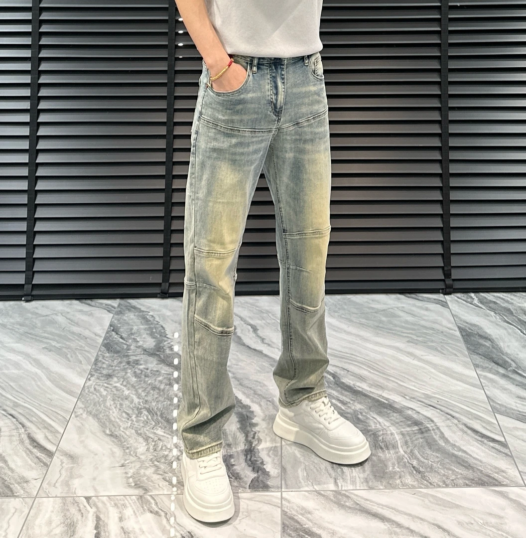 高奢拼接元素冰川蓝微阔直筒牛仔裤