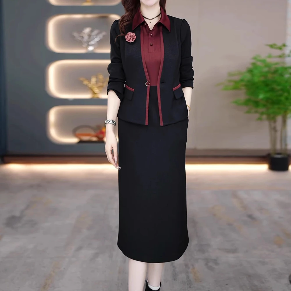 气质假三件拼接长袖连衣裙女春秋2025年新款拼色时尚修身百搭裙子