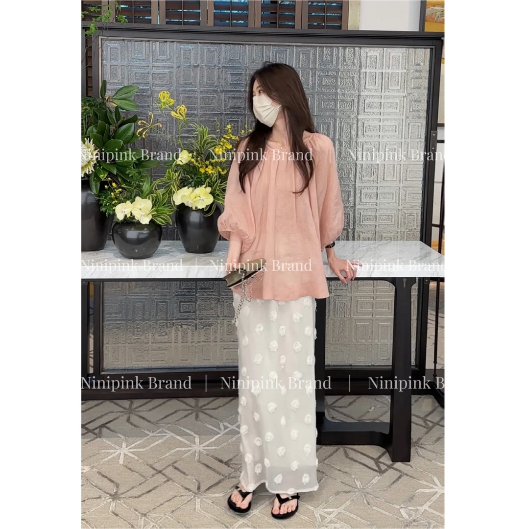 Ninipink庄不腻自制【夹竹桃】系带苎麻衬衣宽松显瘦灯笼袖小衫8762