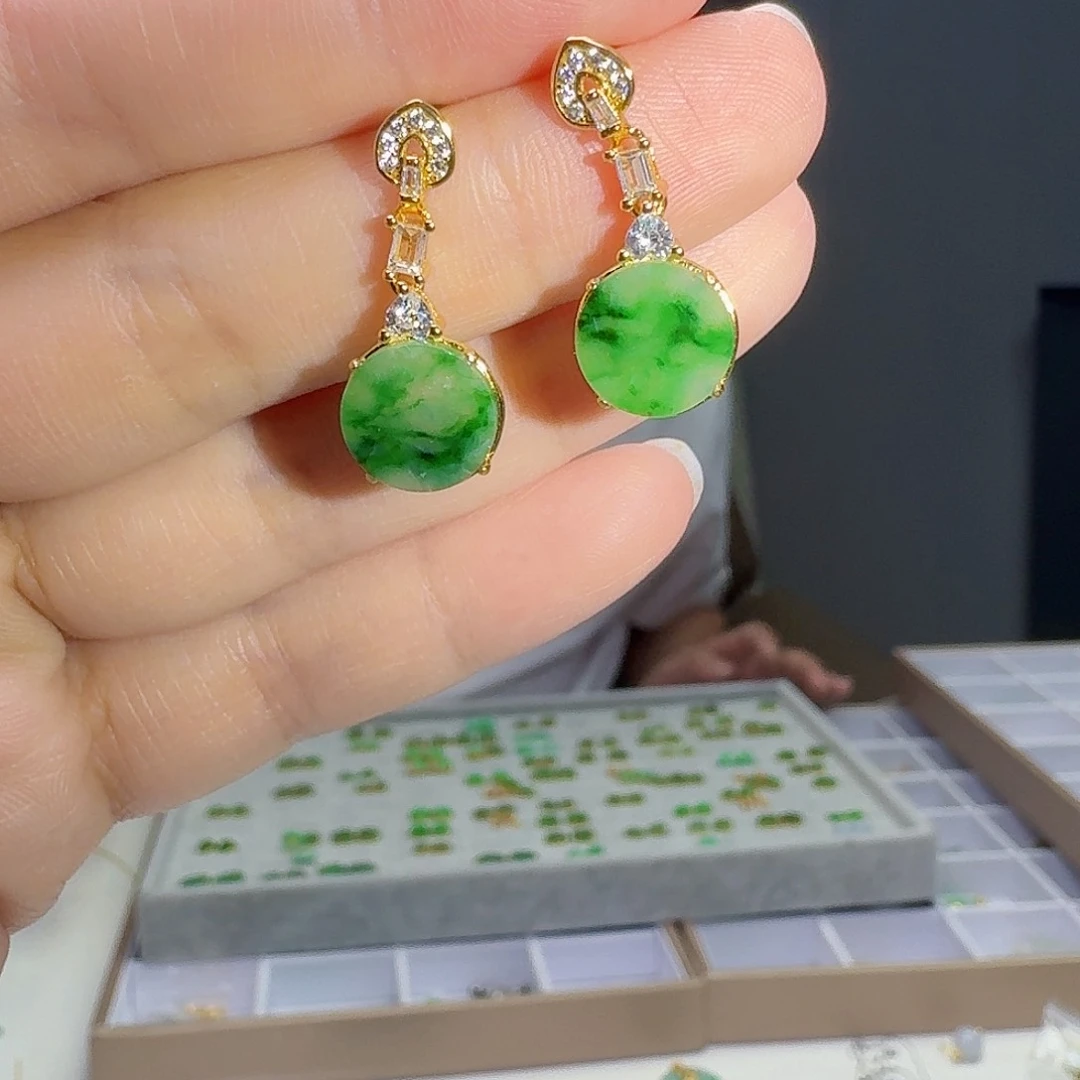 翡翠银S925镶嵌耳饰天然