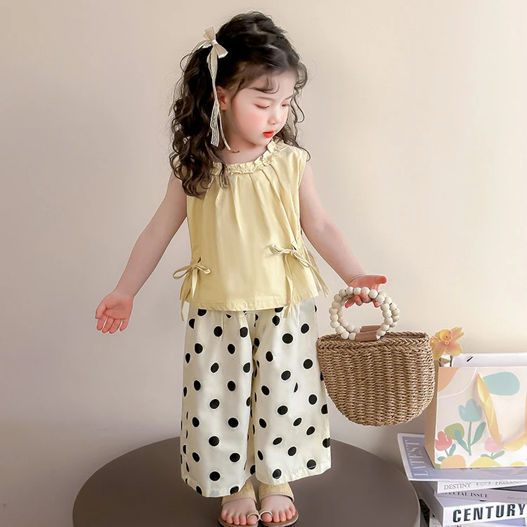 夏季女童薄款圆点吊带衫阔腿裤休闲套装2025新款女宝宝短袖两件套